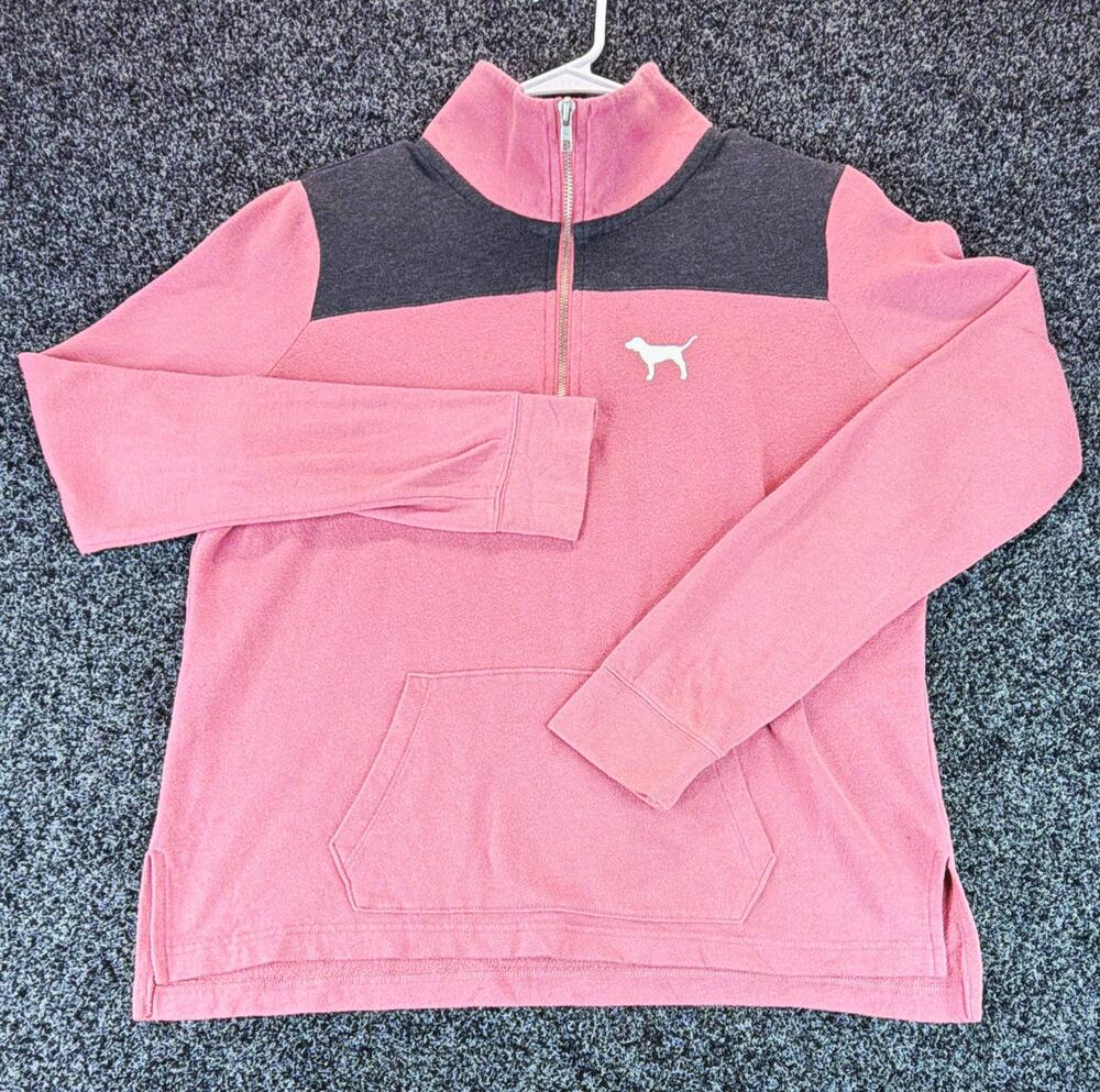 PINK Victoria's Secret Women's Pink Gray Colorblock 1/4 Zip Fleece Logo S 2016